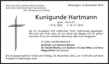 Traueranzeige von Kunigunde Hartmann von Schwäbische Post