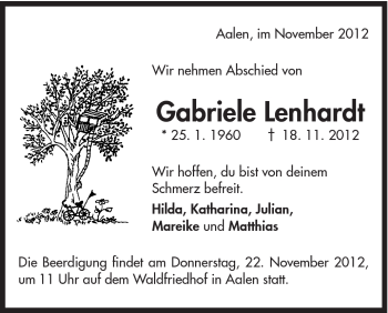 Traueranzeige von Gabriele Lenhardt von Schwäbische Post