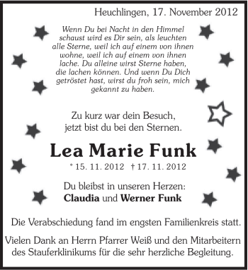 Traueranzeige von Lea Marie Funk von Gmünder Tagespost