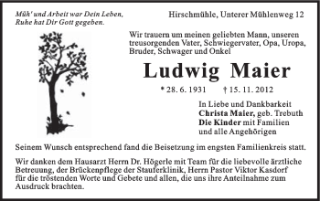 Traueranzeige von Maier Ludwig von Gmünder Tagespost