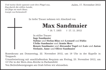 Traueranzeige von Max Sandmaier von Schwäbische Post