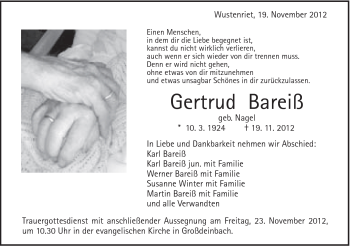 Traueranzeige von Gertrud Bareiß von Gmünder Tagespost
