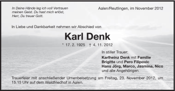 Traueranzeige von Karl Denk von Schwäbische Post