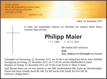 Traueranzeige von Philipp Maier von Schwäbische Post