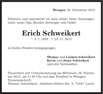 Traueranzeige von Erich Schweikert von Gmünder Tagespost
