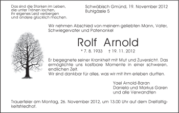 Traueranzeige von Rolf Arnold von Gmünder Tagespost