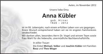 Traueranzeige von Anna Kübler von Schwäbische Post