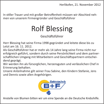 Traueranzeige von Rolf Blessing von 020