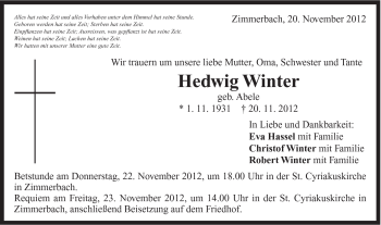 Traueranzeige von Hedwig Winter von Gmünder Tagespost