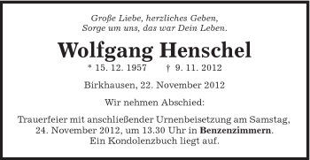 Traueranzeige von Wolfgang Henschel von Schwäbische Post