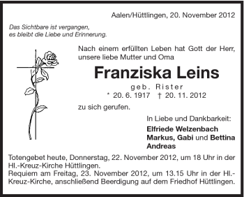 Traueranzeige von Franziska Leins von Schwäbische Post