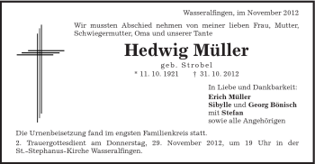 Traueranzeige von Hedwig Müller von Schwäbische Post