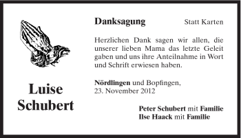 Traueranzeige von Luise Schubert von Schwäbische Post