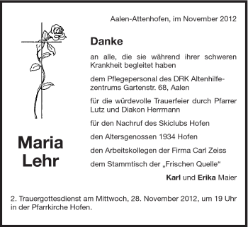 Traueranzeige von Maria Lehr von Schwäbische Post