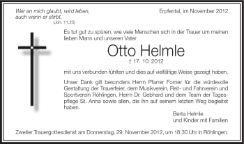Traueranzeige von Otto Helmle von Schwäbische Post