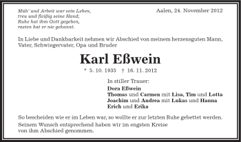 Traueranzeige von Karl Eßwein von Schwäbische Post