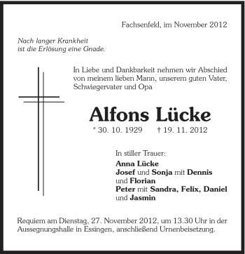Traueranzeige von Alfons Lücke von Schwäbische Post