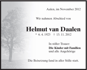 Traueranzeige von Helmut van Daalen von Schwäbische Post