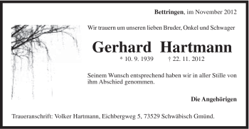 Traueranzeige von Gerhard Hartmann von Gmünder Tagespost