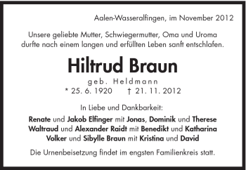 Traueranzeige von Hiltrud Braun von Schwäbische Post