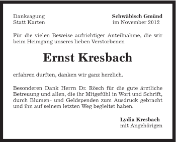 Traueranzeige von Ernst Kresbach von Gmünder Tagespost