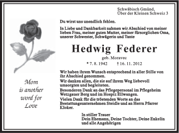 Traueranzeige von Hedwig Federer von Gmünder Tagespost
