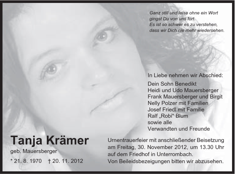  Traueranzeige für Tanja Krämer vom 27.11.2012 aus Schwäbische Post