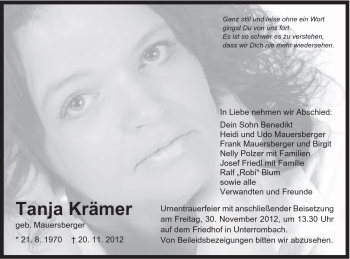 Traueranzeige von Tanja Krämer von Schwäbische Post