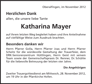 Traueranzeige von Katharina Mayer von Schwäbische Post