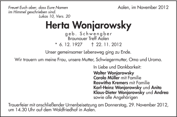 Traueranzeige von Herta Wonjarowsky von Schwäbische Post