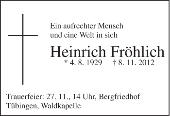 Traueranzeige von Heinrich Fröhlich von Gmünder Tagespost