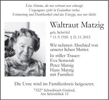 Traueranzeige von Waltraud Matzig von Gmünder Tagespost