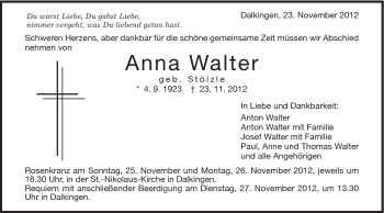 Traueranzeige von Anna Walter von Schwäbische Post
