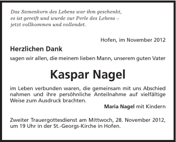 Traueranzeige von Kaspar Nagel von Schwäbische Post