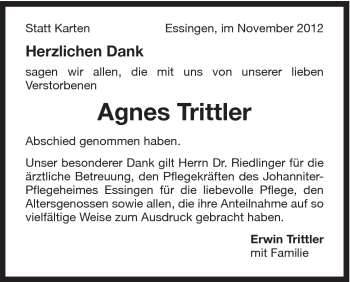 Traueranzeige von Agnes Trittler von Schwäbische Post