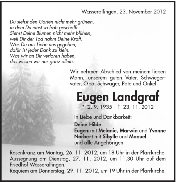 Traueranzeige von Eugen Landgraf von Schwäbische Post