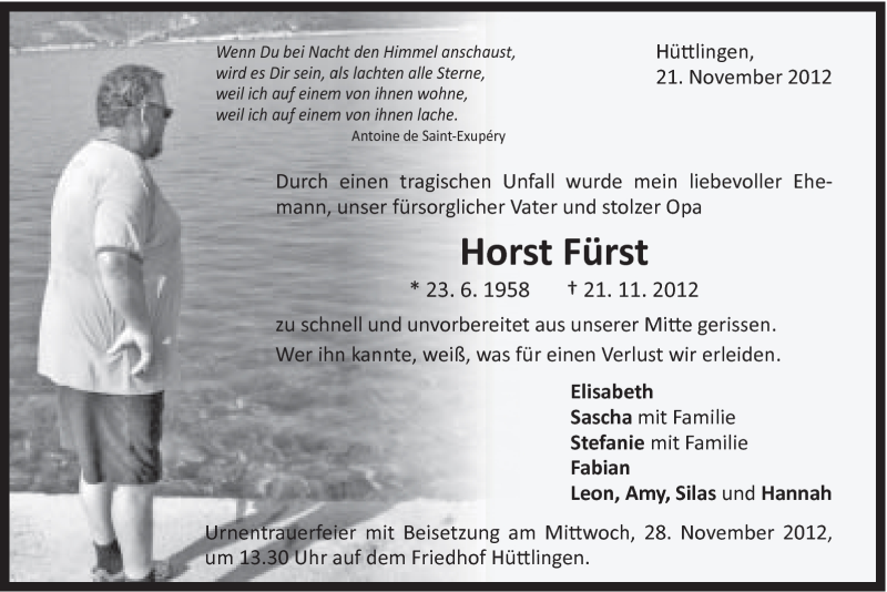  Traueranzeige für Horst Fürst vom 26.11.2012 aus Schwäbische Post