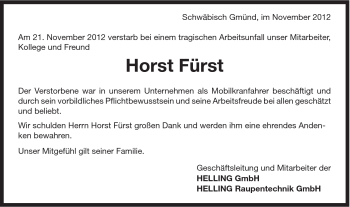 Traueranzeige von Horst Fürst von Schwäbische Post