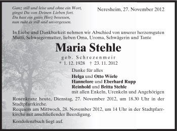 Traueranzeige von Maria Stehle von Schwäbische Post