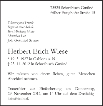 Traueranzeige von Herbert Erich Wiese von Gmünder Tagespost