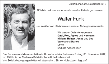 Traueranzeige von Walter Funk von Schwäbische Post