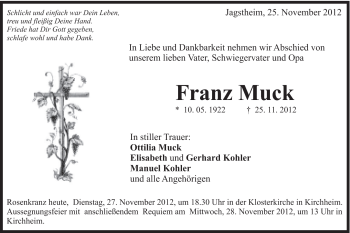 Traueranzeige von Franz Muck von Schwäbische Post