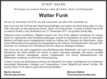 Traueranzeige von Walter Funk von Schwäbische Post