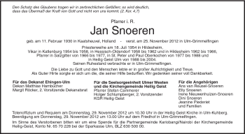 Traueranzeige von Jan Snoeren von Schwäbische Post