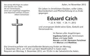 Traueranzeige von Eduard Czich von Schwäbische Post