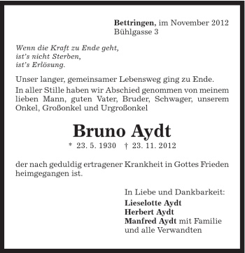 Traueranzeige von Bruno Aydt von Gmünder Tagespost