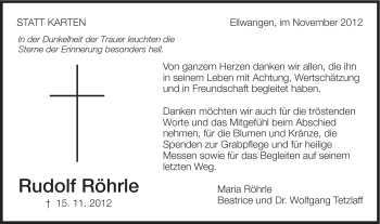 Traueranzeige von Rudolf Röhrle von Schwäbische Post