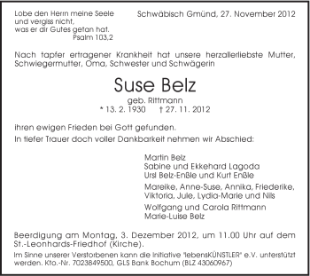 Traueranzeige von Suse Belz von Gmünder Tagespost