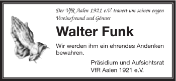 Traueranzeige von Walter Funk von Schwäbische Post