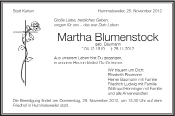Traueranzeige von Martha Blumenstock von Schwäbische Post